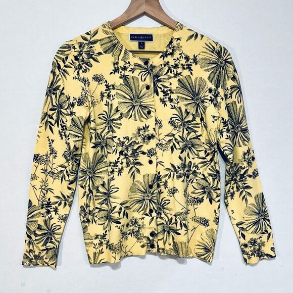 Karen Scott Yellow And Navy Blue Cardigan   Sz S  GUC - Picture 1 of 4